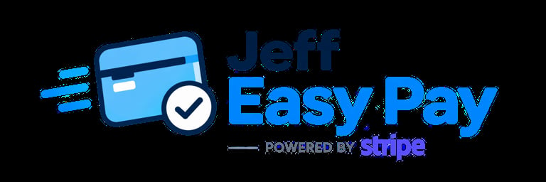 Jeff Easy Pay logo featuring a blue credit card with checkmark, powered by Stripe